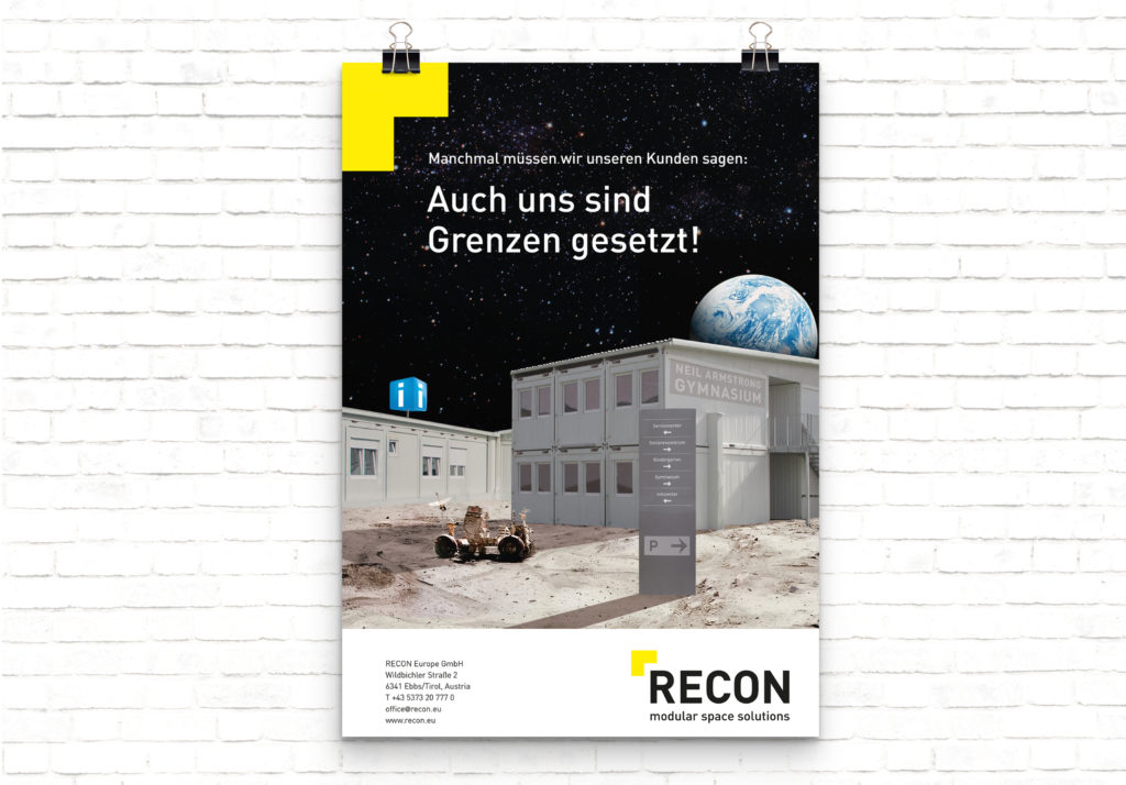 Ein kreatives Sujet für Recon modular space solutions, auf dem ein Container auf dem Mond / im Weltall zu sehen ist.